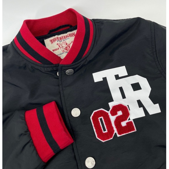 True Religion Other - True Religion Varsity Jacket Mens Large Black Red Patchwork Bomber 02 Letterman